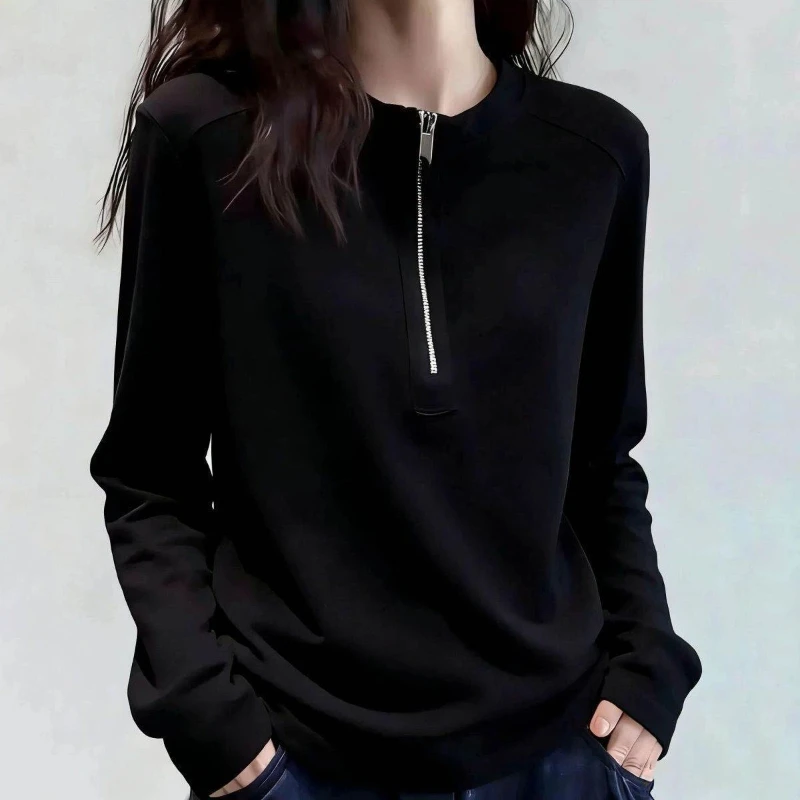 Spring Autumn Simplicity Solid Plus Size Harajuku Tops Long Sleeve Zipper Patchwork Casual T Shirts Fashion Trend Women Clothing