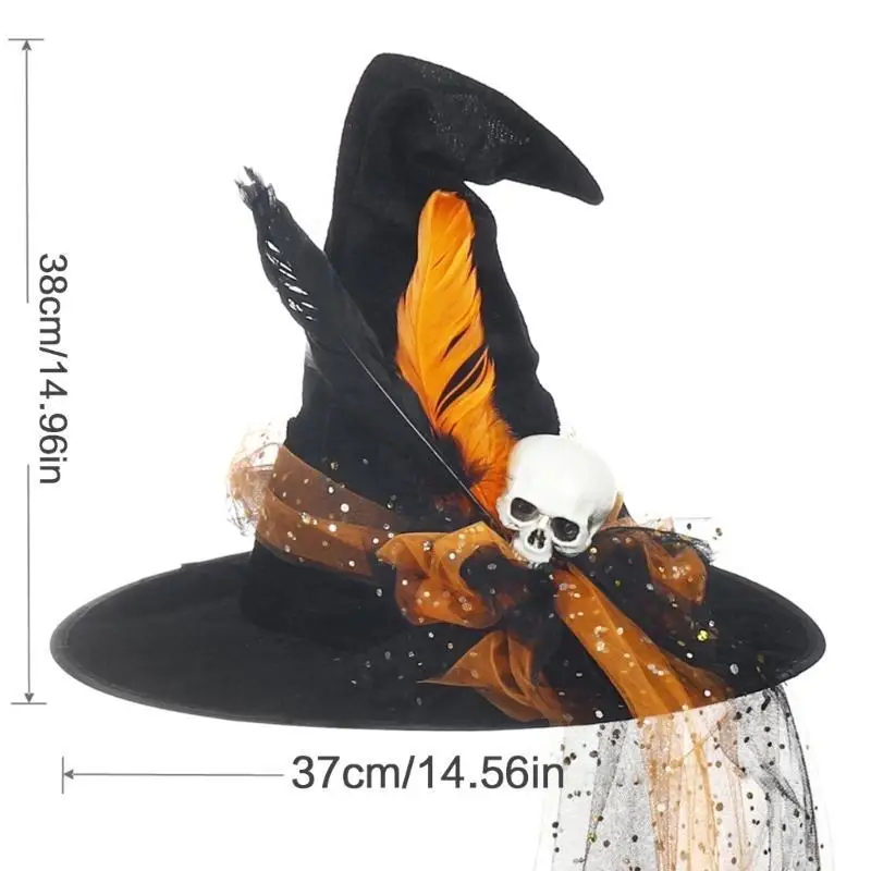 A52E Spooky Witch Hat pour Halloween Party Sequins Skull Accessories Nozard Hat Wizard