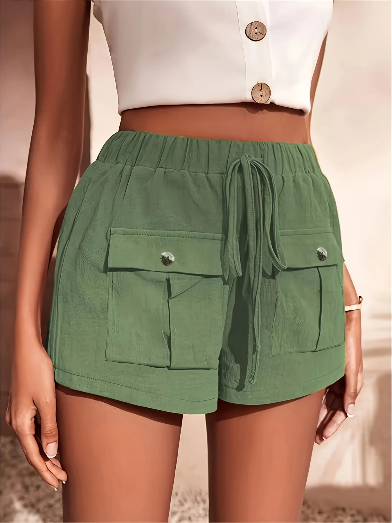 Olive Damen-Shorts, übergroß, gewebt, einfarbig, lässig, bequem, lockere Passform, hohe Taille, knielang, Sommermode, Olive