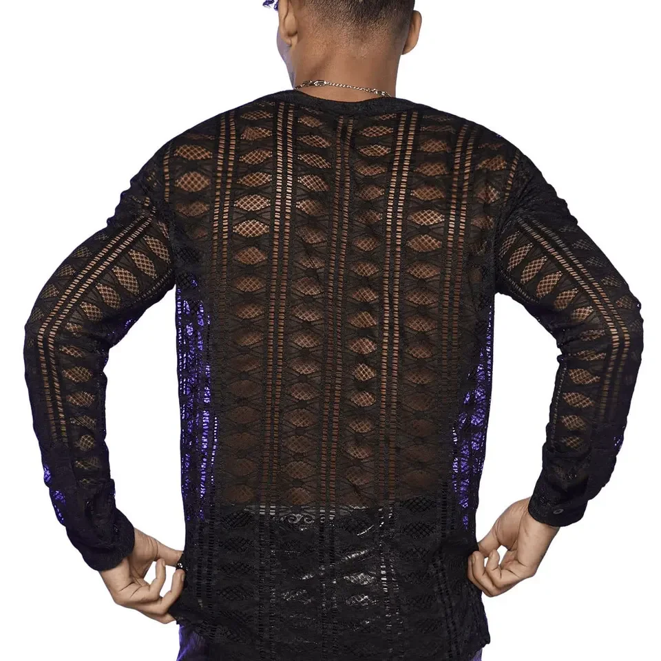 Autumn New Men's V-Neck Lace Long Sleeve T-Shirt Perspective Grid Elastic Shirt Bottom