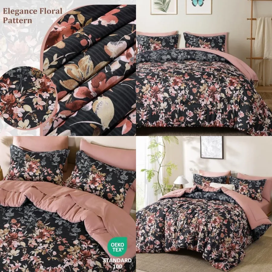 

Black Comforter Size Set, 7 Pcs Floral Bedding Comforter Set, Bed in a Bag Botanical Flower Pattern with Sheets, Pillowcases an