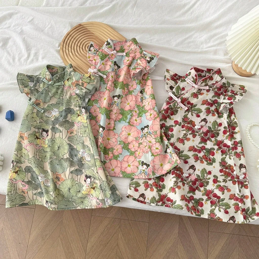 2026 New Summer New Chinese Cheongsam Girls' Dresses Sweet and Cute Printed Chinese Style Princess Dress Children's Clothing