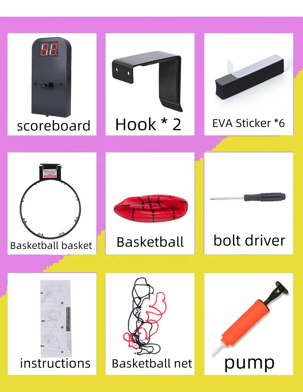 2025年自動LEDスコアリングミニバスケットボールフープ、子供用室内遊び、ボールエアポンプ付きドア掛け、新デザイン、プラスチック製