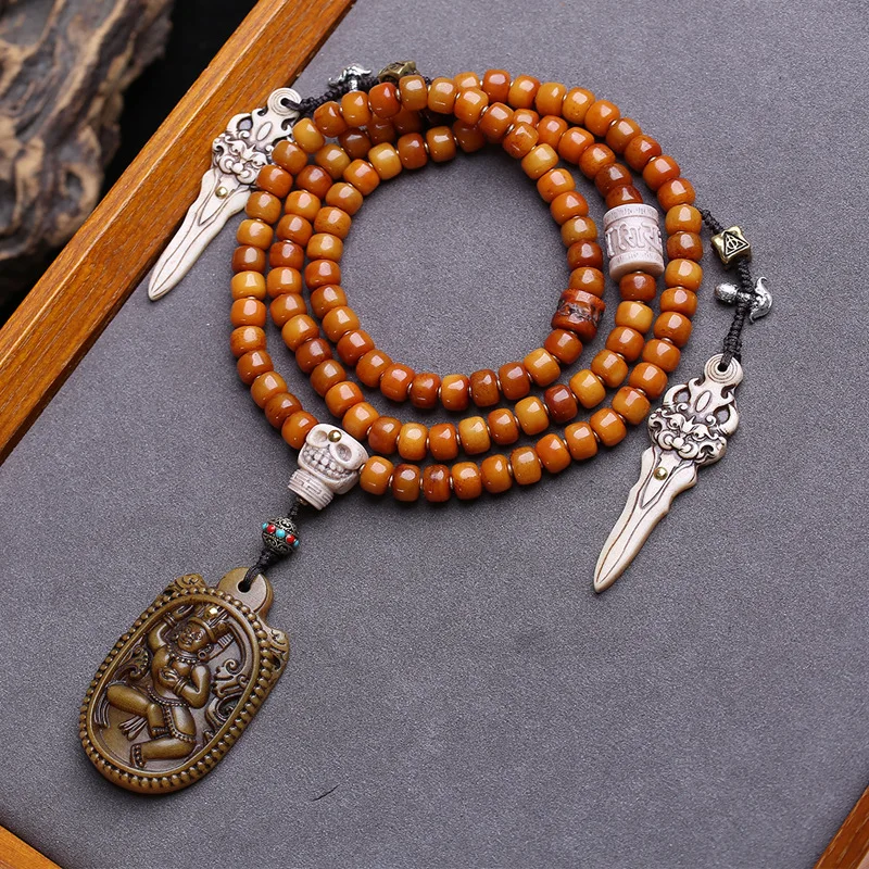 108 Yak Bone Buddhist With , Handheld Six-Syllable Mantra Beads, Three-Way Copper Square Bead Accessories