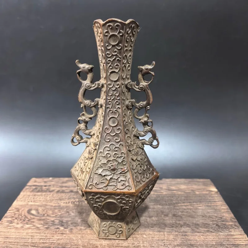 Gilt Brass Flower Vase with Double Handles, Featuring Floral Motifs Birds Adoring the Phoenix, for Home and Office Desktop D