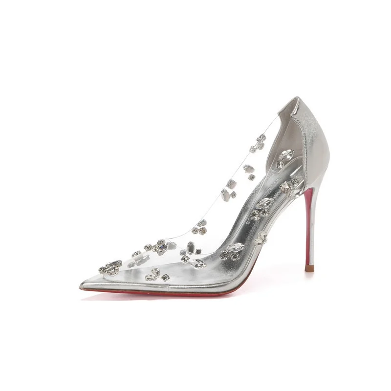 New pointed high heels, women's wedding shoes, banquet shoes, rhinestone transparent thin heels, sexy shallow mouth single shoes