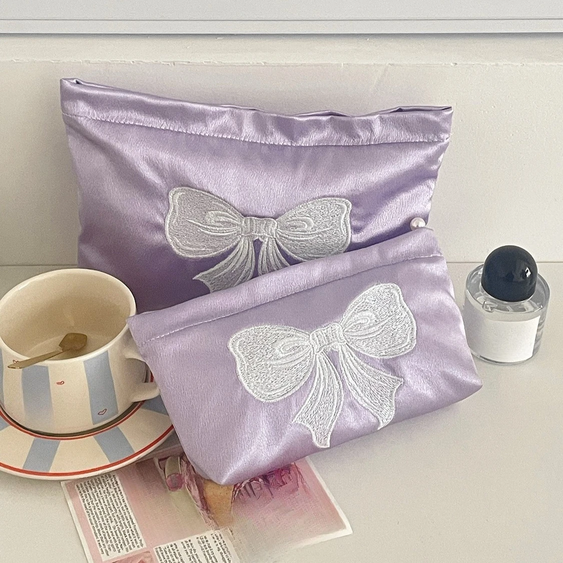Kawaii Bow Embroidered Purple Makeup Bag Portable Large Capacity Stationery Storage Sweet Korean Fashion Pencil Case for Girls