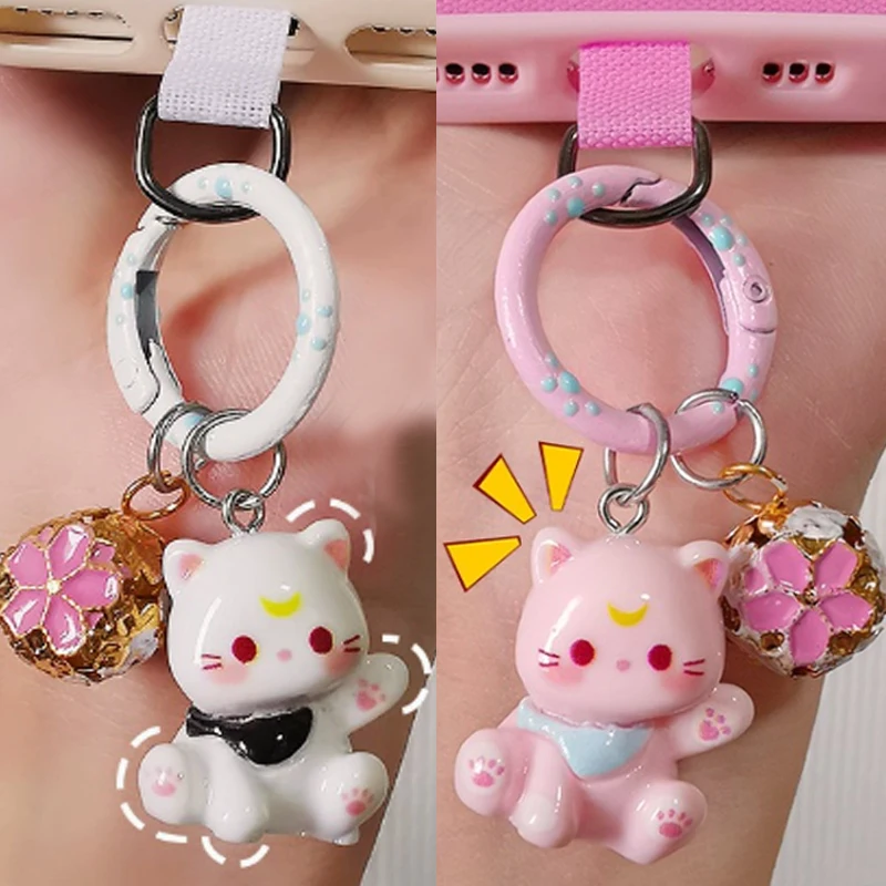 3D Lovely Cartoon Cat Keychains with Bell Resin Keyring Charms Kawaii Cats Phone Bag Pendant Key Chain Jewelry Gifts for Women
