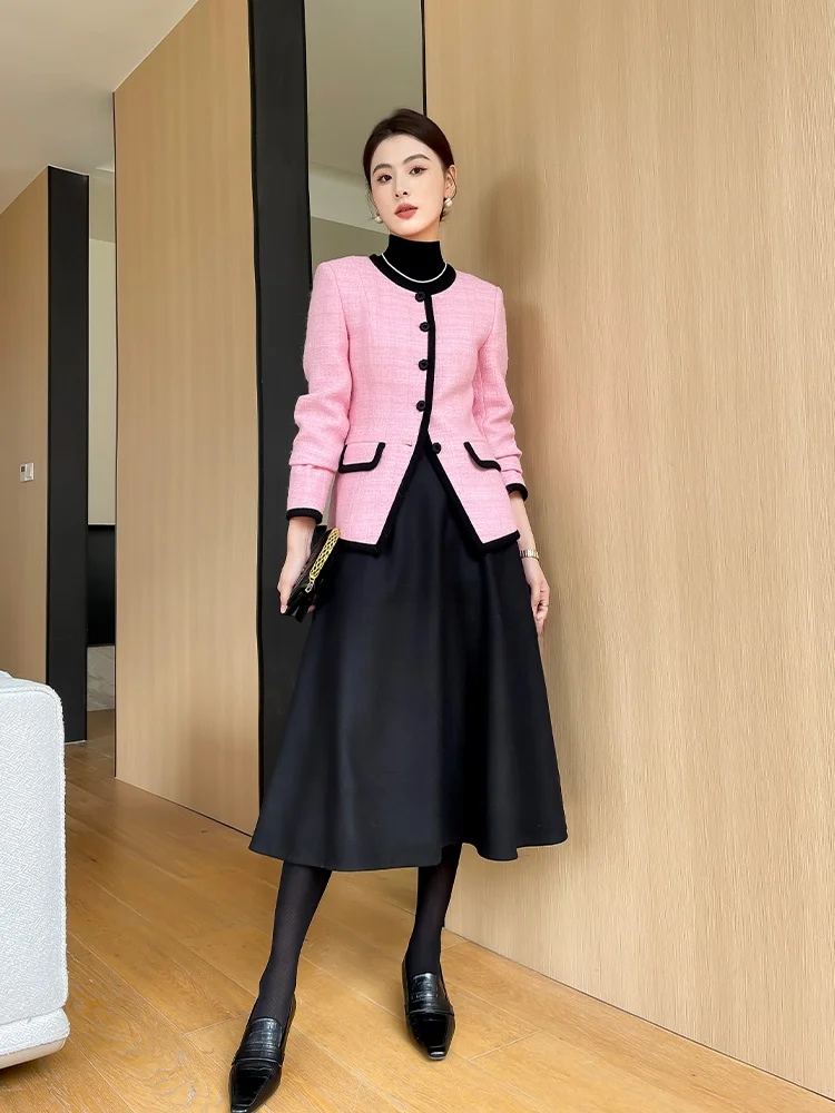 

Розовый или шерстяной костюм Jaet, женское модное весеннее новое пальто в клетку, осень-зима, твидовое круглое пальто на пуговицах, облегающее пальто