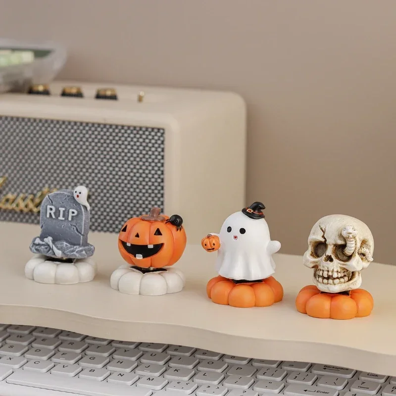 Gothic Style Rotating Pumpkin Ghost Ornament Resin Rotating Tombstone Shaped Ornament Spooky Cute Ghost Pumpkin Skull Figurine