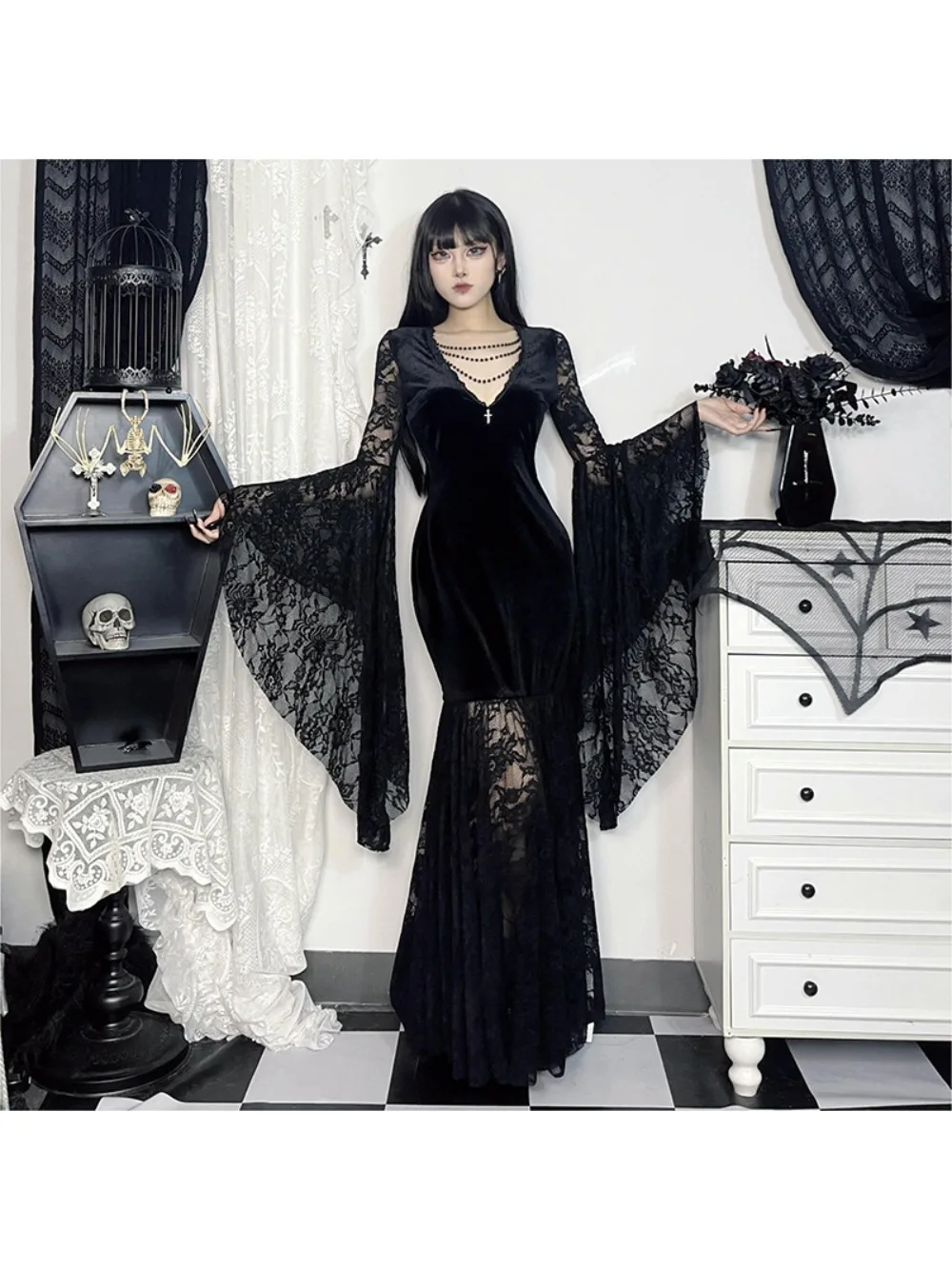 KIDCRKJ Halloween Gothic Punk Vrouwen Jurk Lange Mouw Kant Slanke Zwarte Jurken 2026 Y2K Harajuku Lolita Fairy Core Party Dress - afbeelding 2
