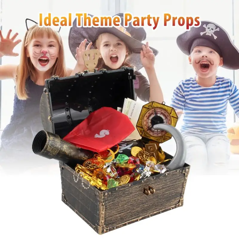 Conjunto de tesoro pirata para niños, juego de caza de pecho con gemas divertidas para Cosplay, accesorios de fiesta temáticos, exquisitos recuerdos de vacaciones, 143 piezas cofre del tesoro