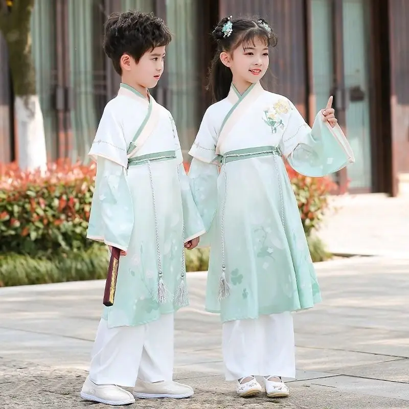 

Детский китайский комплект ханьфу — традиционный конфуцианский костюм для мальчика для отдыха, классика с тремя персонажами и выступление Di Zi Gui