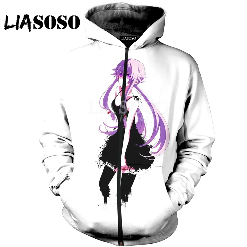 LIASOSO 3D Print Women Men Anime Future Diary Yuno Gasai Hooded pull over Hoodies Sweatshirts Casual Zipper Jacket Harajuku
