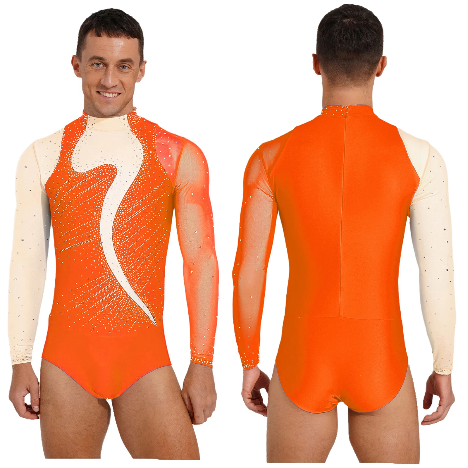 Męski strój do łyżwiarstwa figurowego, baletu, tańca, gimnastyki, akrobatyki, występów, trykot z długim rękawem, przezroczysta siateczka, błyszczący, zdobiony cyrkoniami.