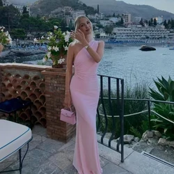 New sexy pink sloping shoulder dress, women's back tied hem fish tail party dress long