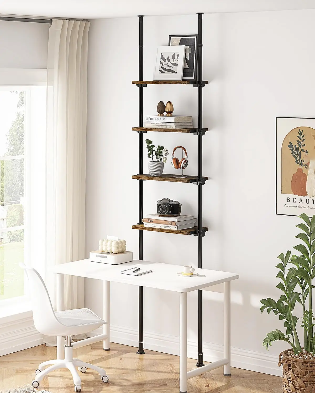 

Allzone Adjustable Tall Narrow Bookshelf For Bedroom, 4-Tier Ladder Bookcase For Small Spaces, Tension Mount Tall Skinny Book