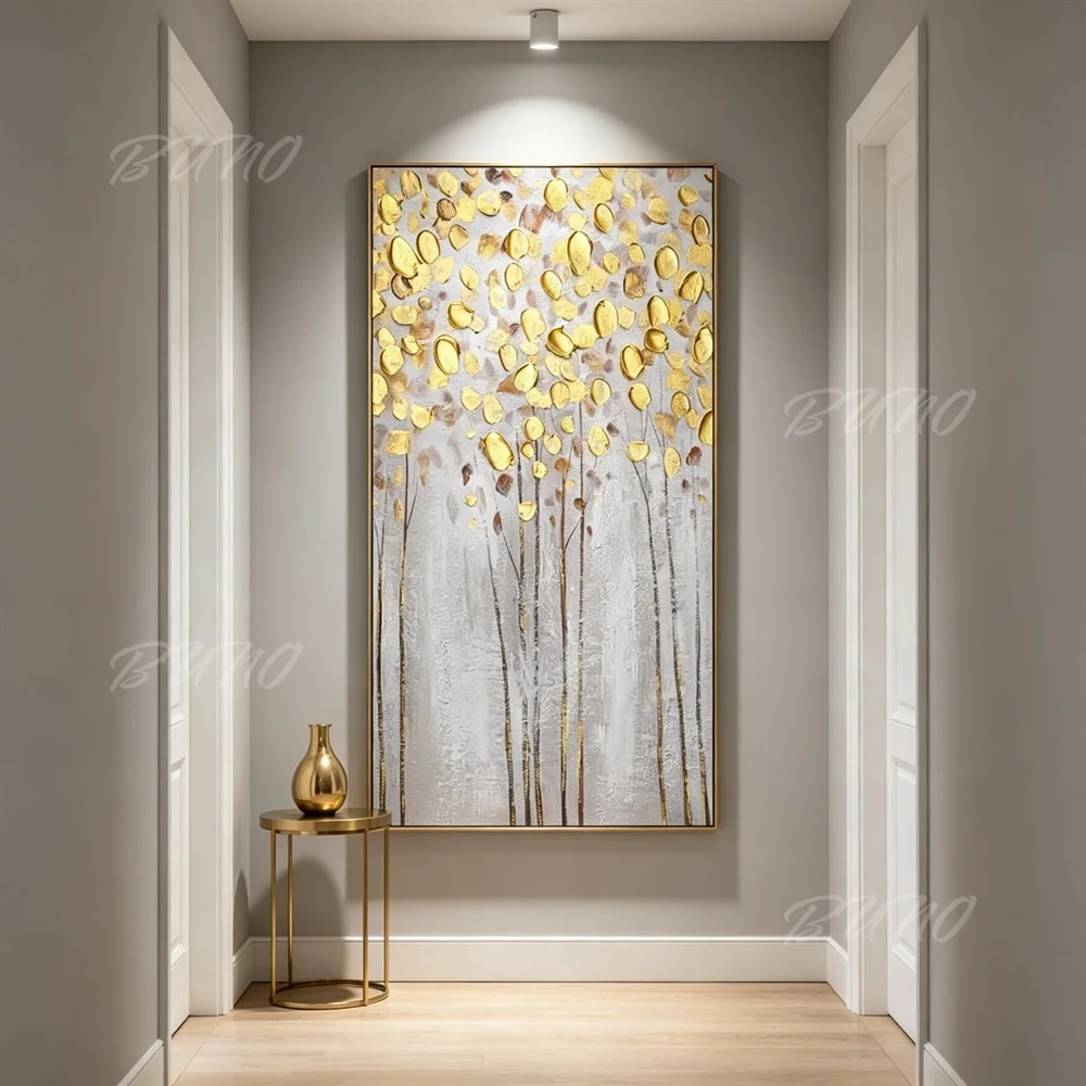 100% Hand Painted Original Abstract Oil Painting Textured Gold Tree Leaves Wall Art For Home Living Room Bedroom Decor