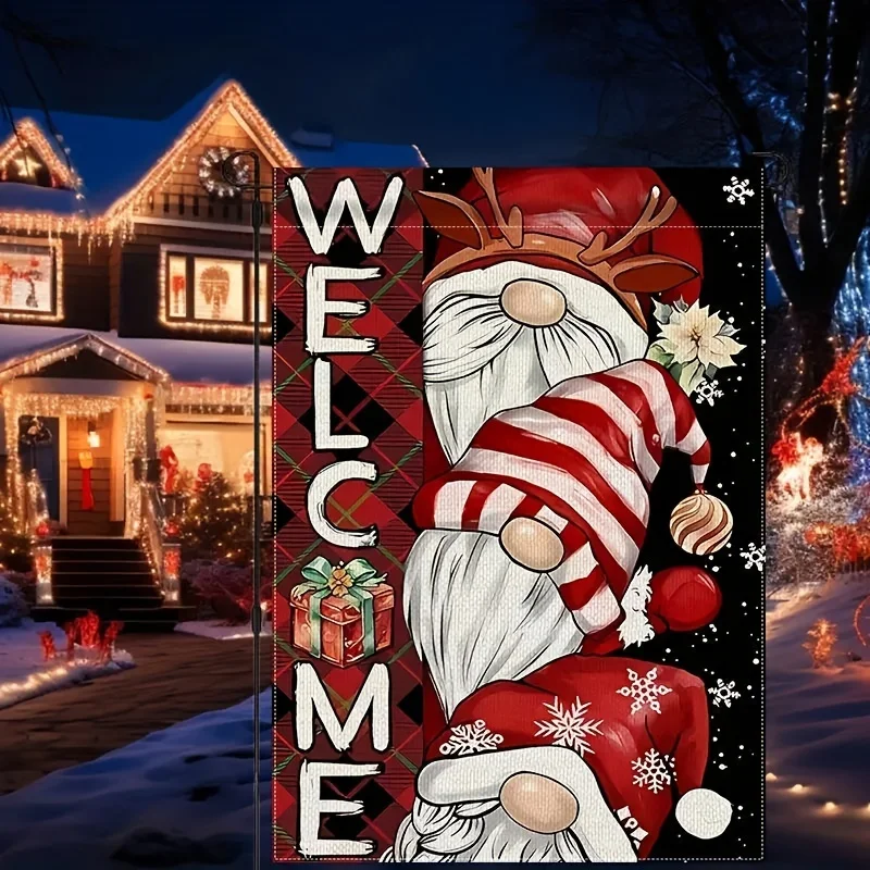 

Jolly Gnome Christmas Welcome Garden Flag Retro Double-Sided Weatherproof Polyester No Pole Included New Year Decoration Flag