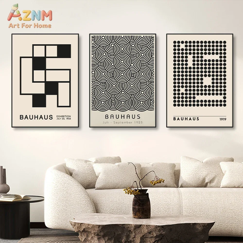 AZNM Bauhaus Exhibition Canvas Wall Art, Mid Century Modern Geometric Abstract Print, Frameless Minimalist Black and White Bauha