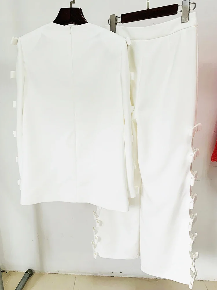HIGH STREET Newest 2024 SS Designer Runway Suit Set Women\'s Long Sleeve Hollow Out Bow Blouse Tops Wide Leg Pants Set 2pcs