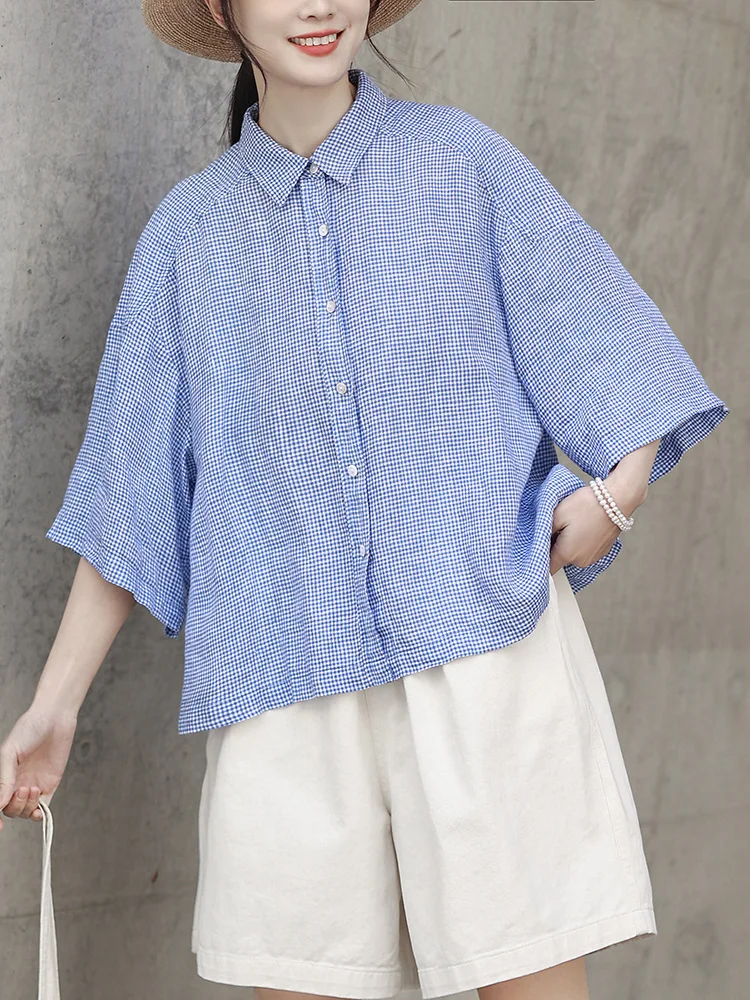 

Miaoli Blue Ne Linen irt Women's Loose Five Sve Top Artistic Sle Breathable Summer Faion Casual Striped Design