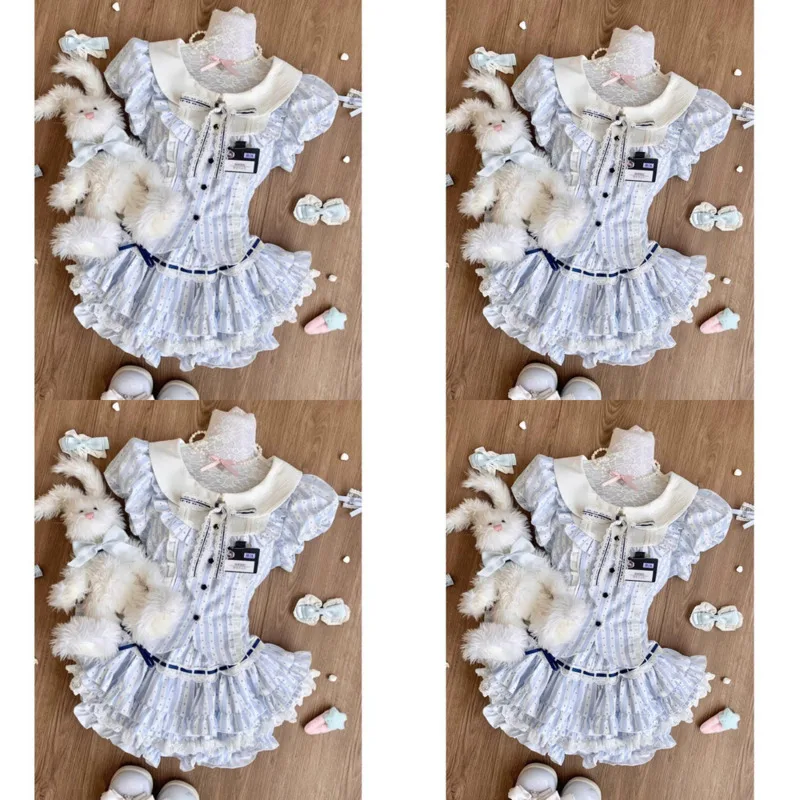 Y2K esthétique damier haut rayé robes ensemble été japonais mignon petit haut doux moelleux a-ligne jupe t-shirt haut robes ensemble nouveau