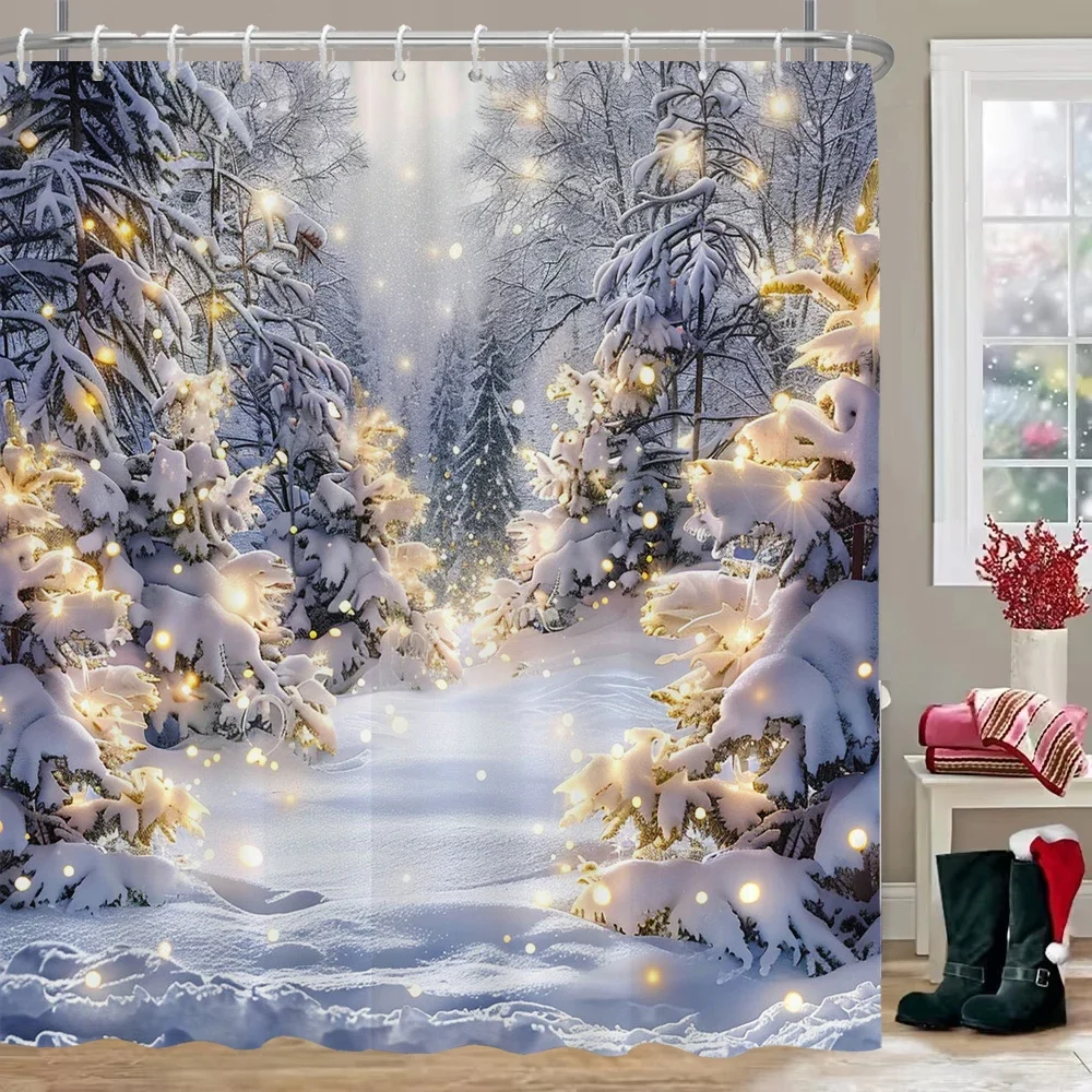 

Christmas Tree Snow Printed Bathing Curtain Bathroom Shower Curtain,Home holiday Decorative Christmas Curtain with Hooks