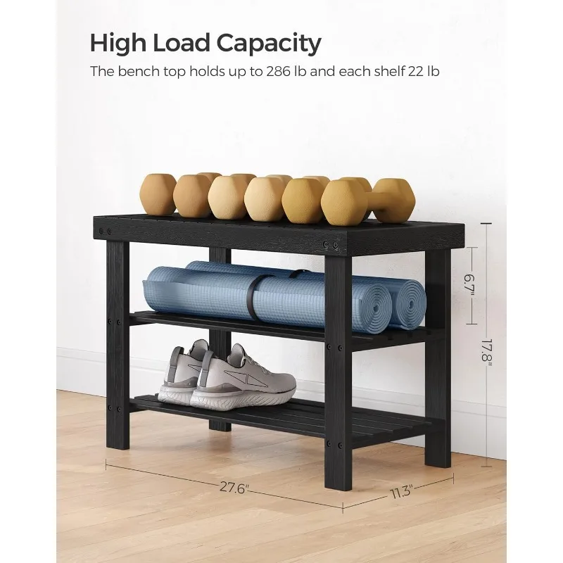 ม้านั่งชั้นวางรองเท้า, ออแกไนเซอร์จัดเก็บรองเท้าไม้ไผ่ 3 ชั้น, ม้านั่งทางเข้า, รับน้ําหนักได้ถึง 286 ปอนด์, สําหรับห้องน้ําทางเข้า, สีดํา ULBS04H
