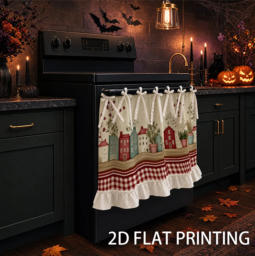1PC kitchen stove curtain, cabinet curtain, apron. Designed with 2D graphics featuring village houses and potted plants. It can