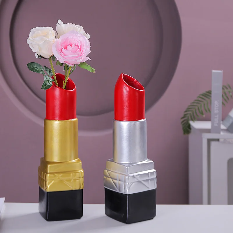 Resin Vase Lipstick Shape Cartoon Ornament Floral Arrangement Accessories Lipstick Vase Terrarium Room Decoration Accessories