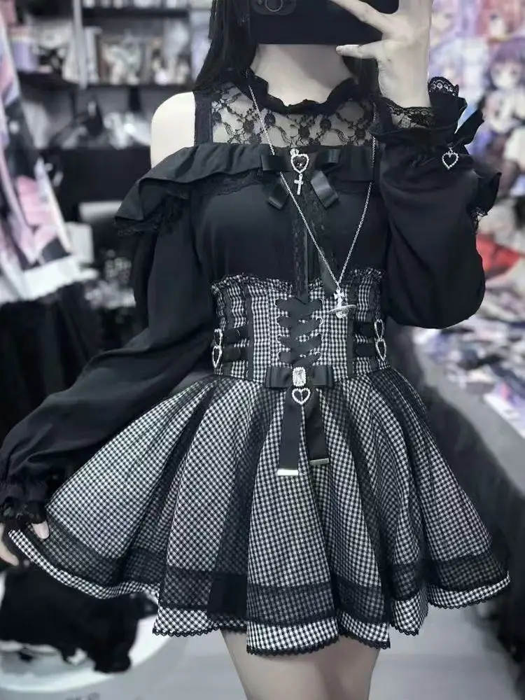 

2025 Japanese Black Mini Skirt Set Gothic Ruffle Mini Skirts Sexy Lace Off Shoulder Lolita Shirt Women Y2k Aesthetic Design Suit