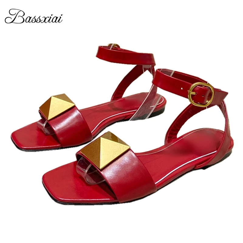 Big Rivet Buckle Decor Sandals For Girls Women Ankle Strap Flat Heel Genuine Leather Outwear Shoes Summer