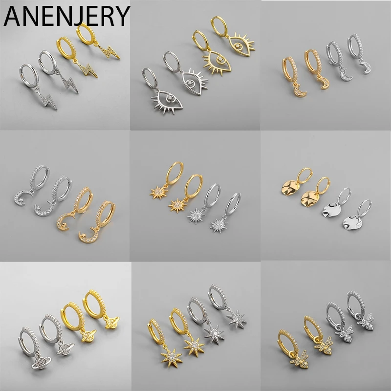 ANENJERY Silver Color Geometric Moon Star Disc Pendant Hoop Earrings for Women Personality Mico Zircon Ear Buckle