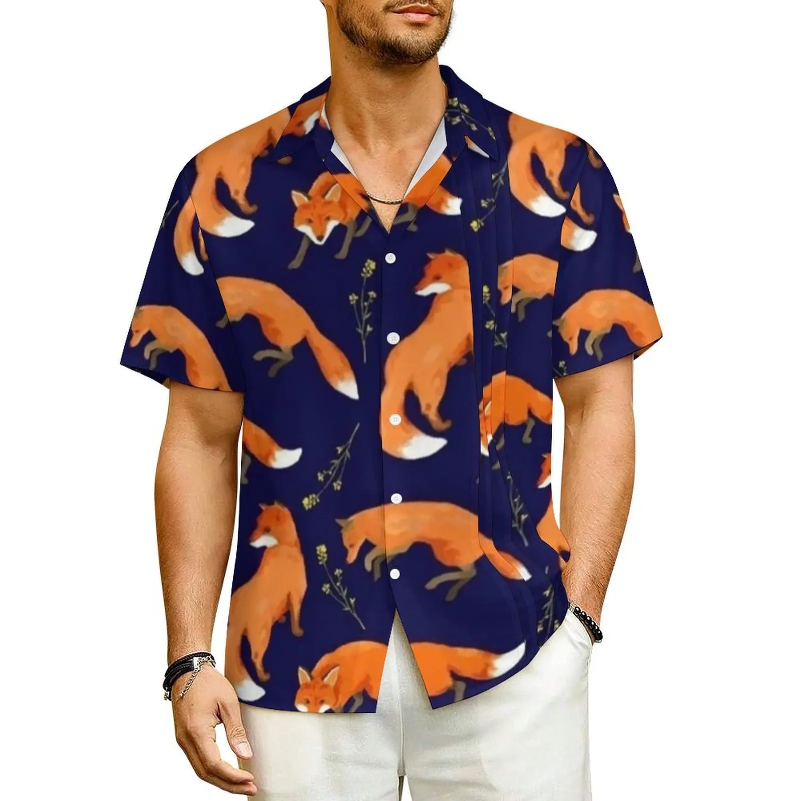 

Гавайская рубашка для отпуска с рисунком Красной лисы, Элегантные повседневные рубашки с цветочным принтом, Мужская Уличная одежда большого размера с коротким рукавом Y2K