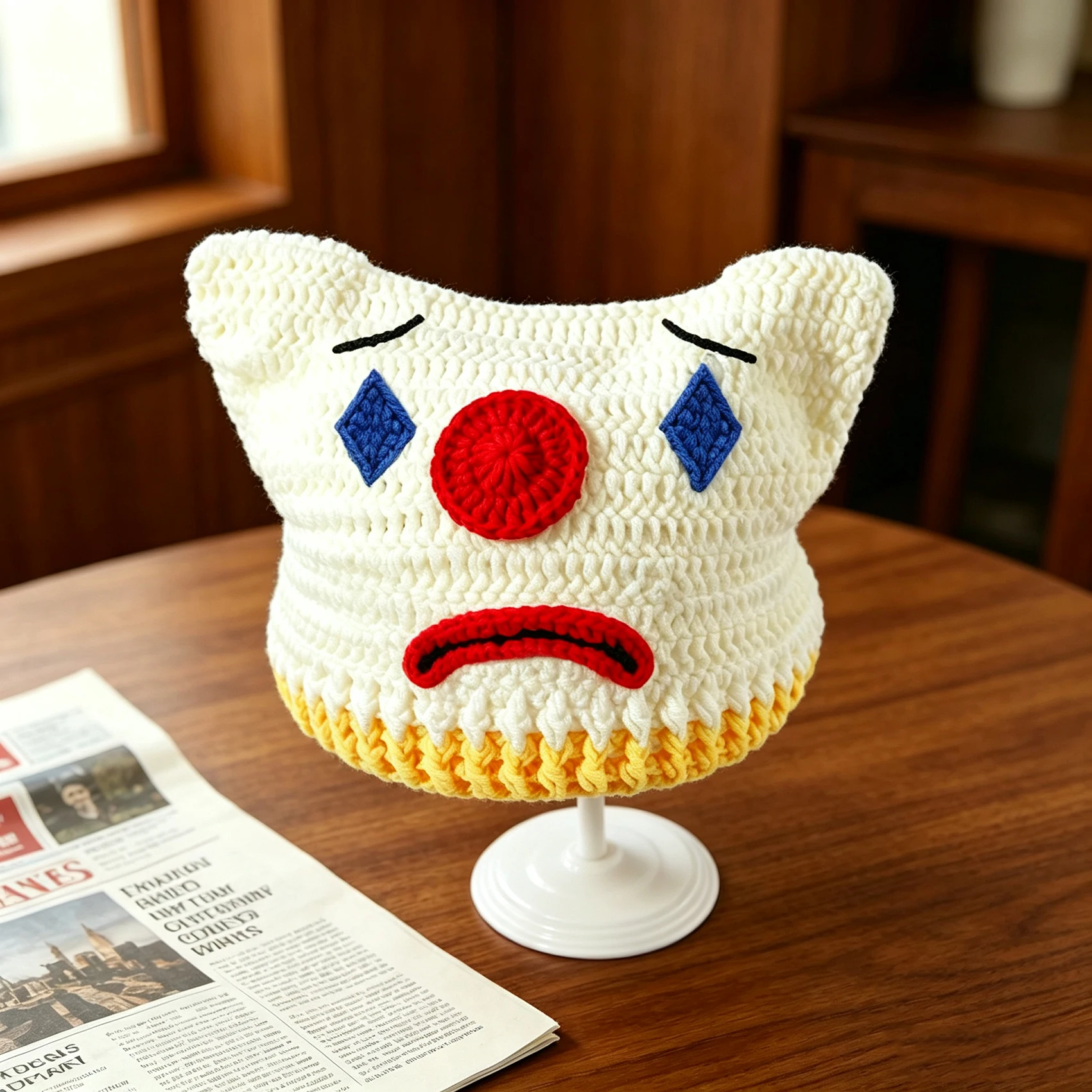 Women Handmade Knitted Clown Beanie Multi Expression Cat Ear Crochet Hat Halloween Cosplay Novelty Carnival Party Fun Cap Men