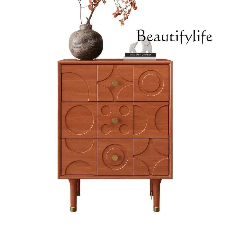 

French brown bedside table with drawers, narrow solid wood