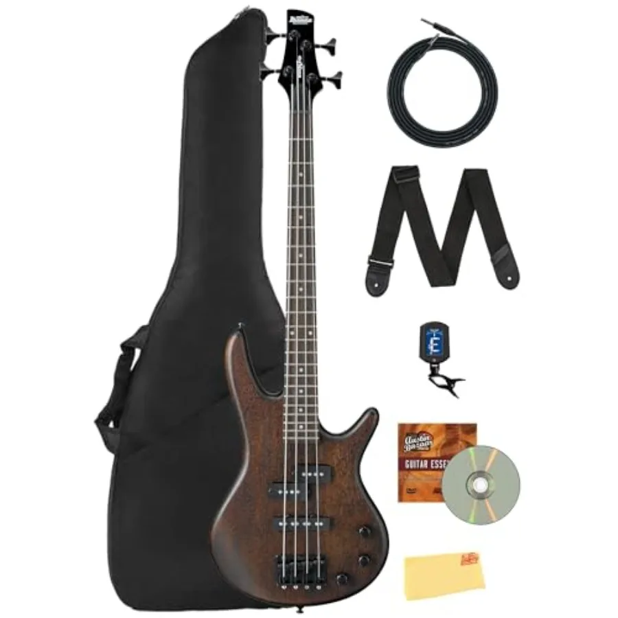 Short-scale bass guitar for beginners and small hands, walnut flat finish, lightweight mahogany body with maple neck, includes