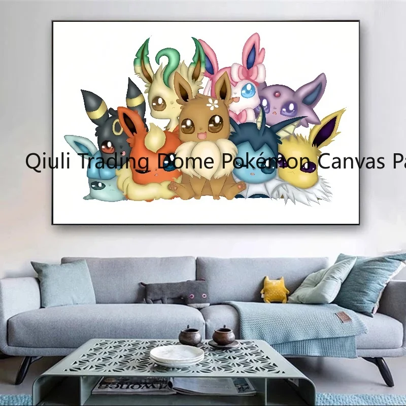 Pokemon Anime Peripherals Eevee Posters Pikachu Kawaii Picture Art Water Colours Canvas Painting for Kids Bedroom Wall Decorate