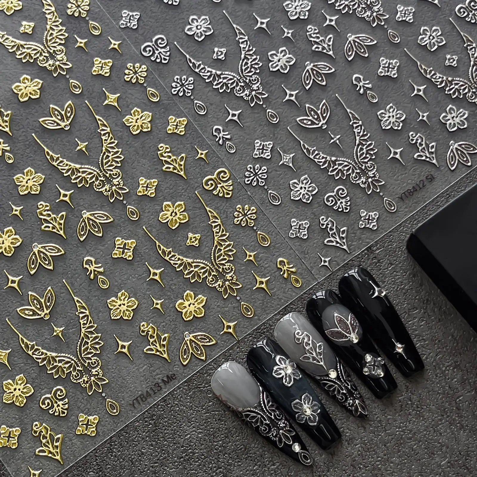 Retro Metal Gold Silver Floral Pattern Nail Sticker 3D Embossed Flower Star Design Self-adhesive DIY Nail Art Decoration Sticker