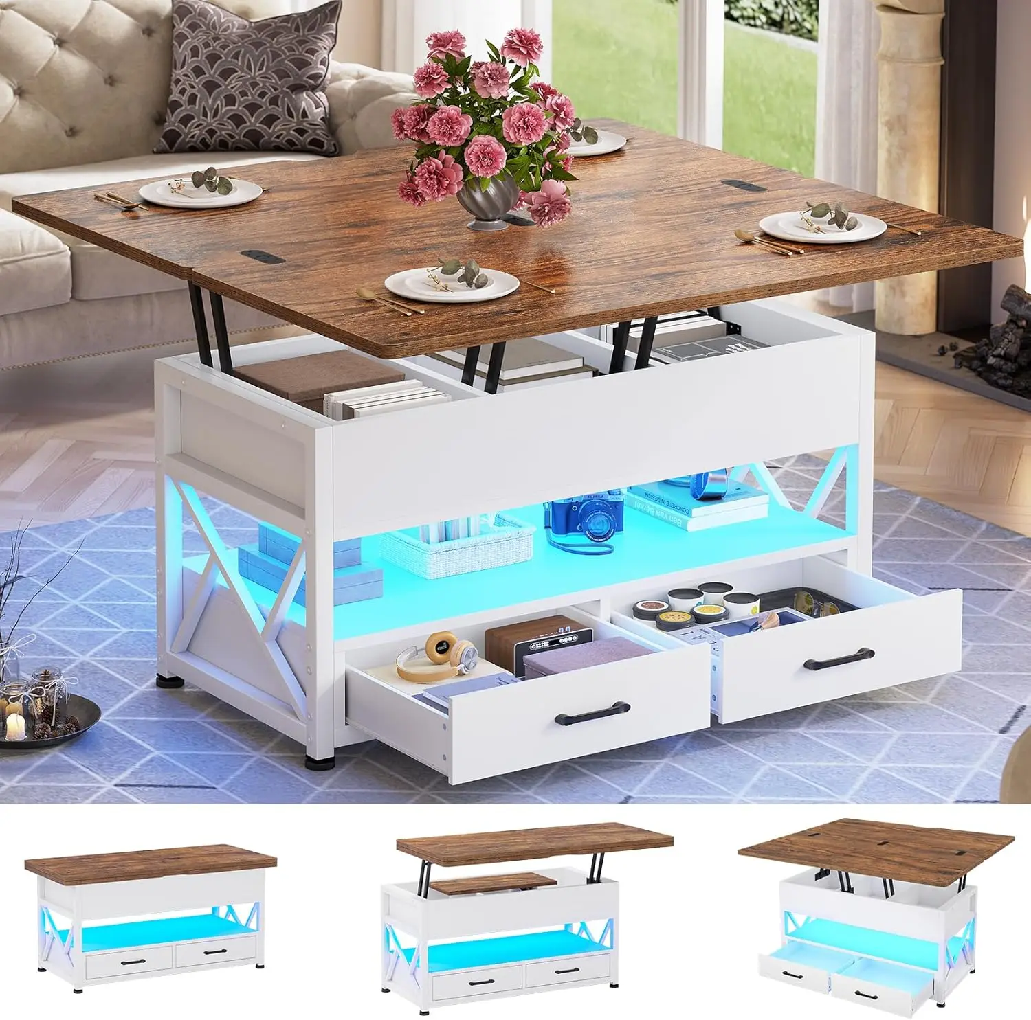 

40' Lift Top Coffee Table, 4-in-1 with Storage, 2 Drawers & LED Light, White & Rustic Brown