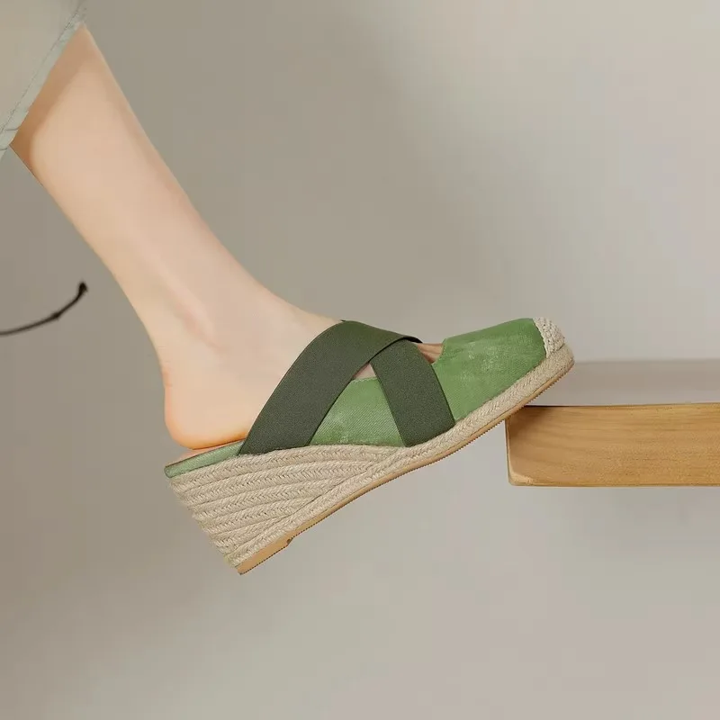 

New Retro Wedges Sandals Women Shoes Half Slippers Genuine Leather Fashion Hollow Outdoor Summer High Heels