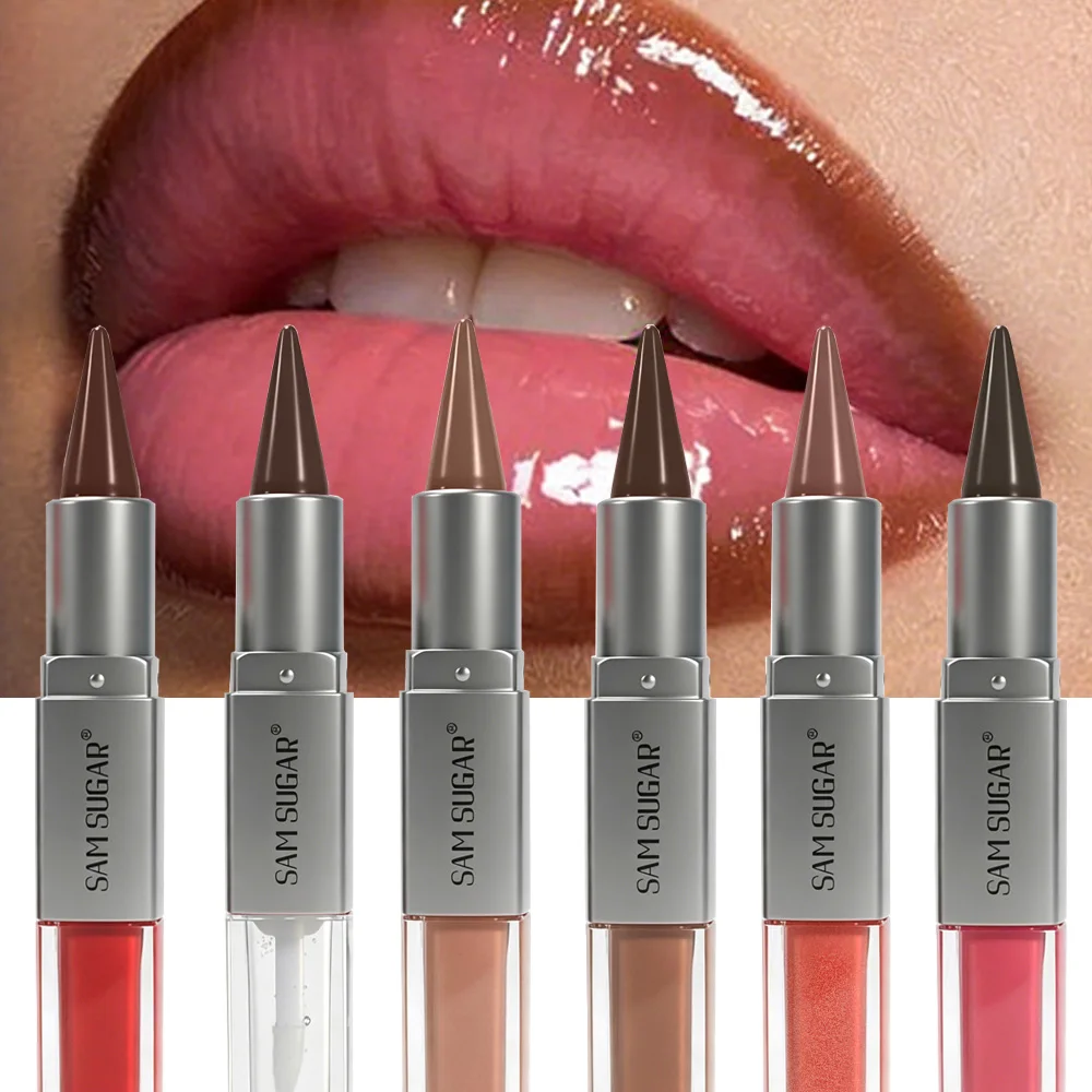 Doppelkopf-Lipgloss-Lipliner Zwei in Einem Feuchtigkeitsspendende Textur Langanhaltender Glanz Einfach aufzutragen Natürliches Lippen-Make-up