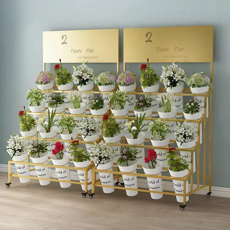 Plastic flower bucket holder Indoor and outdoor with wheels Movable with billboard Wrought iron light luxury display stand
