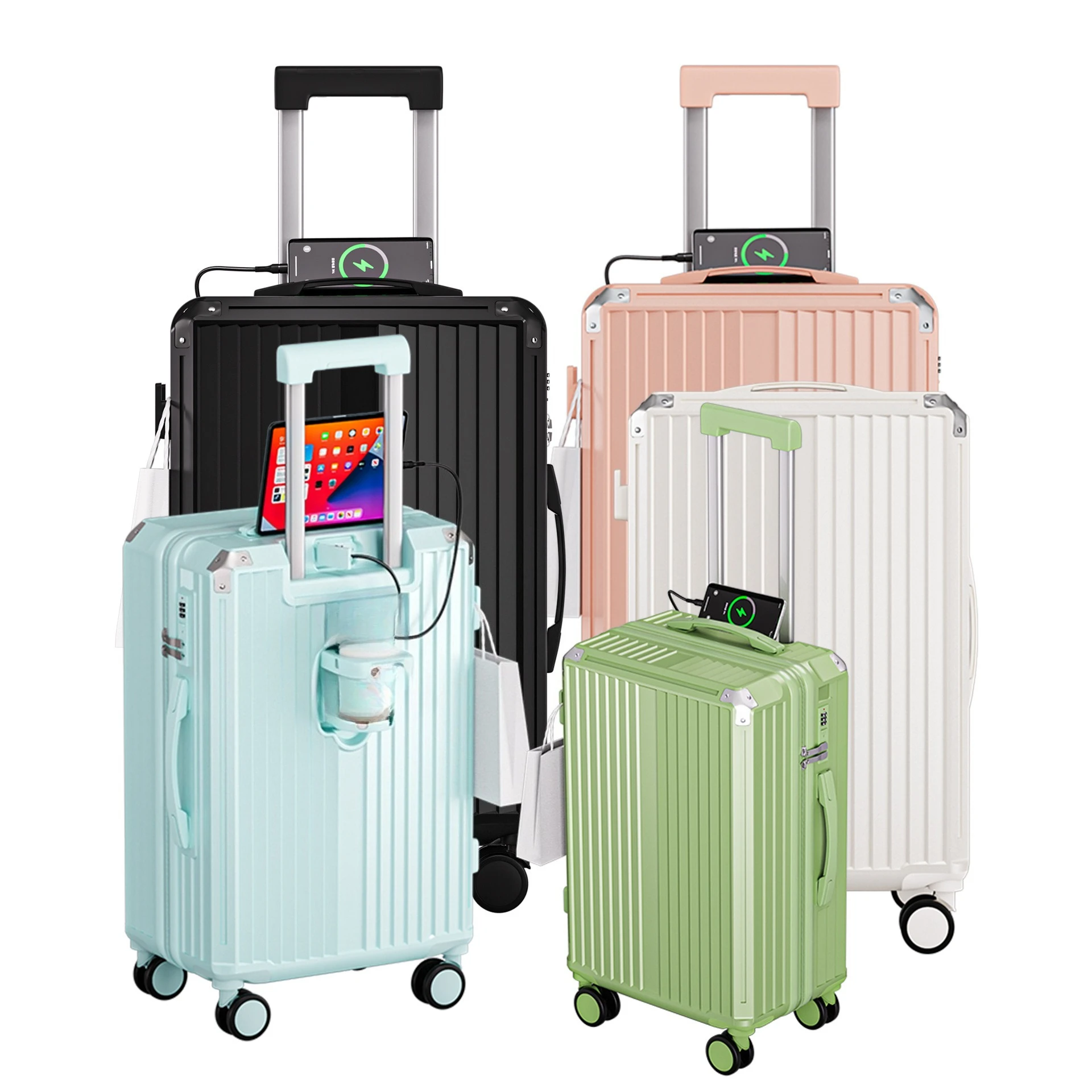 

Cross-border new multi-functional suitcase, boarding cup holder 24-inch USB suitcase