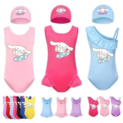 Dziewczyny Anime strój kąpielowy Cinnamoroll zestaw czepków Cartoon stroje kąpielowe słodkie w stylu księżniczki letnie wakacje na plaży zestaw Bikini szybkoschnący prezent