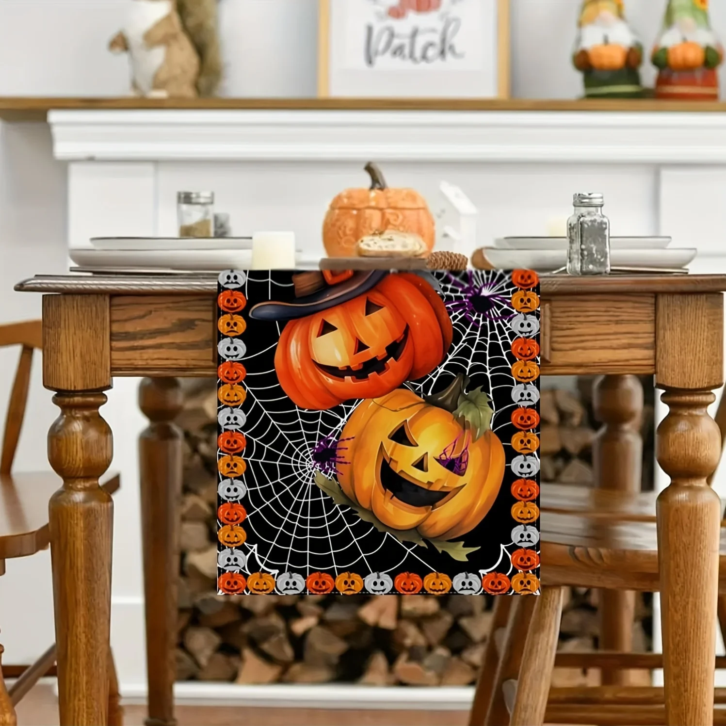 1Pc Halloween Themed Table Flag, Pumpkin Lantern and Web Design, Suitable for Party, Restaurant, Home, Market, Holiday Layout Scene.