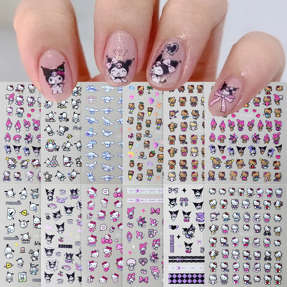 1pc 5d em relevo kawaii olá kitty kuromi adesivos de unhas melodia pochacco cinnamoroll decalques adesivos diy dos desenhos animados manicure sliders