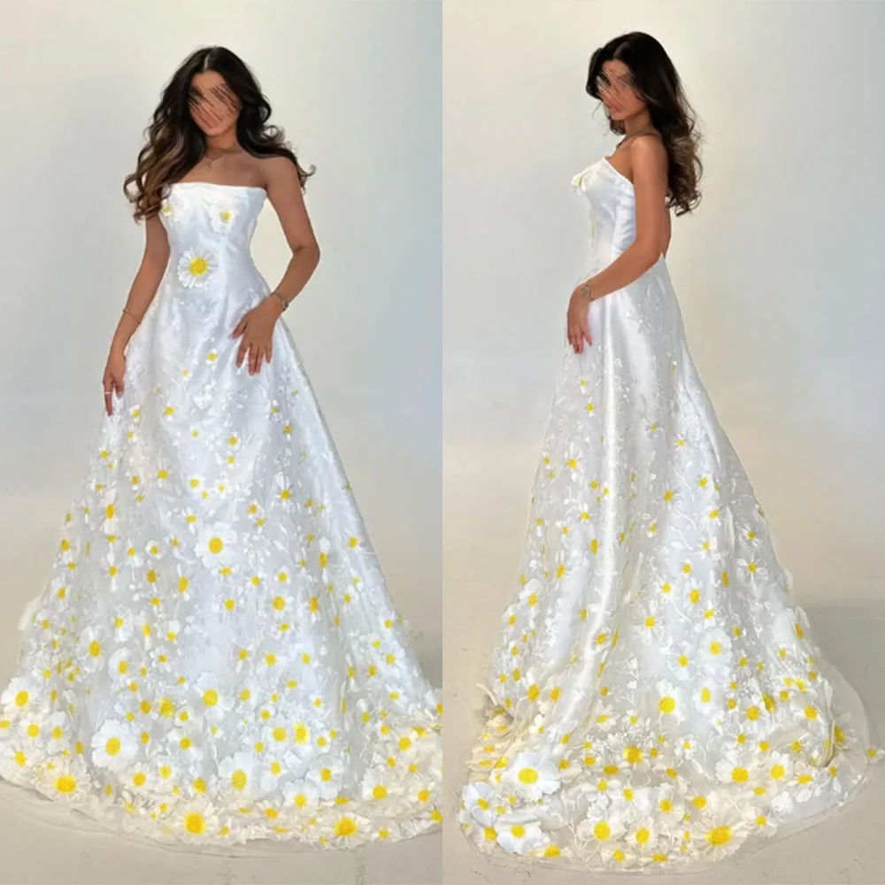 

High Quality Customized Sweep Train Strapless Zipper Yellow Floor Length Women White Vestidos De Festa فساتين للمناسبات الخاصة