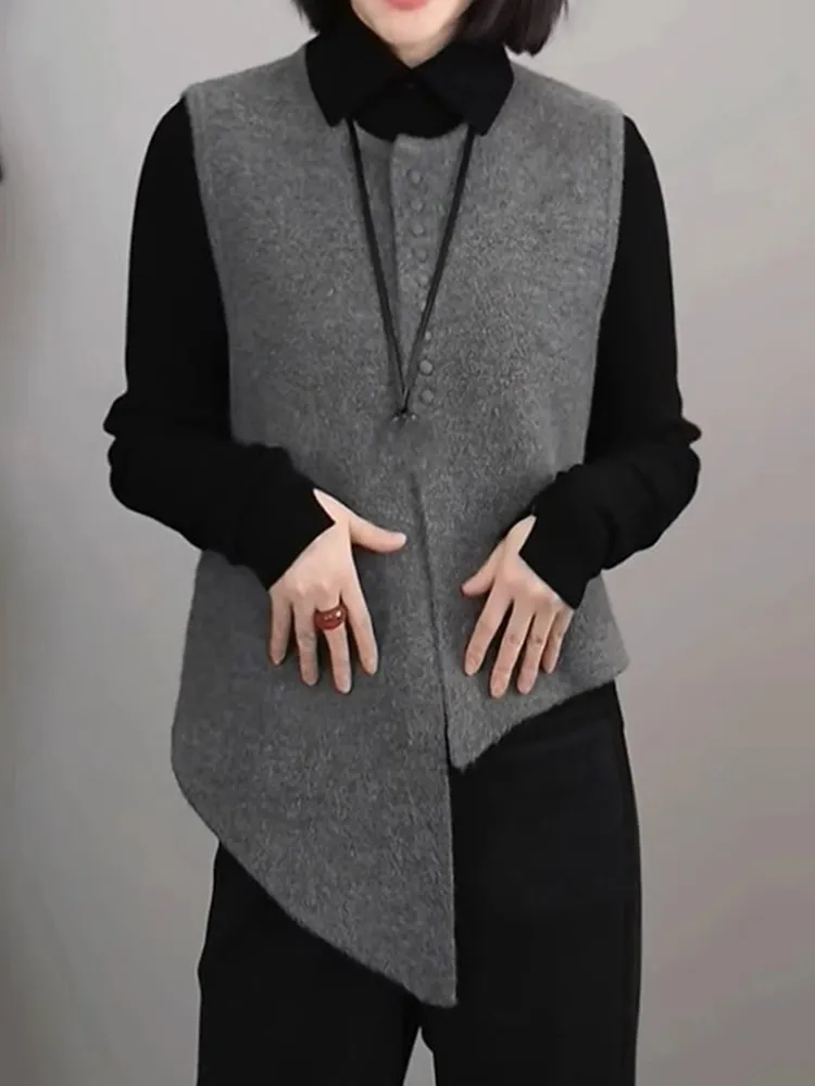 Casual Knitted Pure Color Vest Asymmetrical Design Svel Open Cardigan Faionable Loose Fit High-End Feeling Lazy Sle